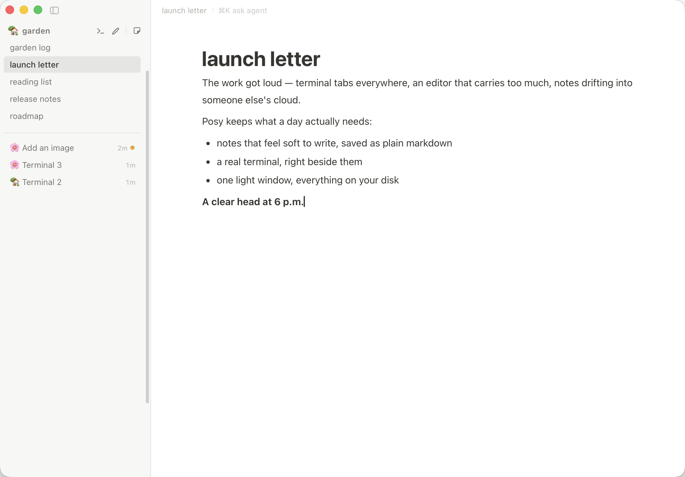 The Posy window: the garden vault in the sidebar, the launch letter open, and a quiet terminal beside it.